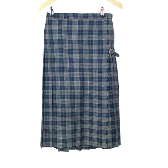 Vintage Lady Halrin Navy + Green Plaid Wool Pleated Skirt Size 10 - Picture 1 of 8